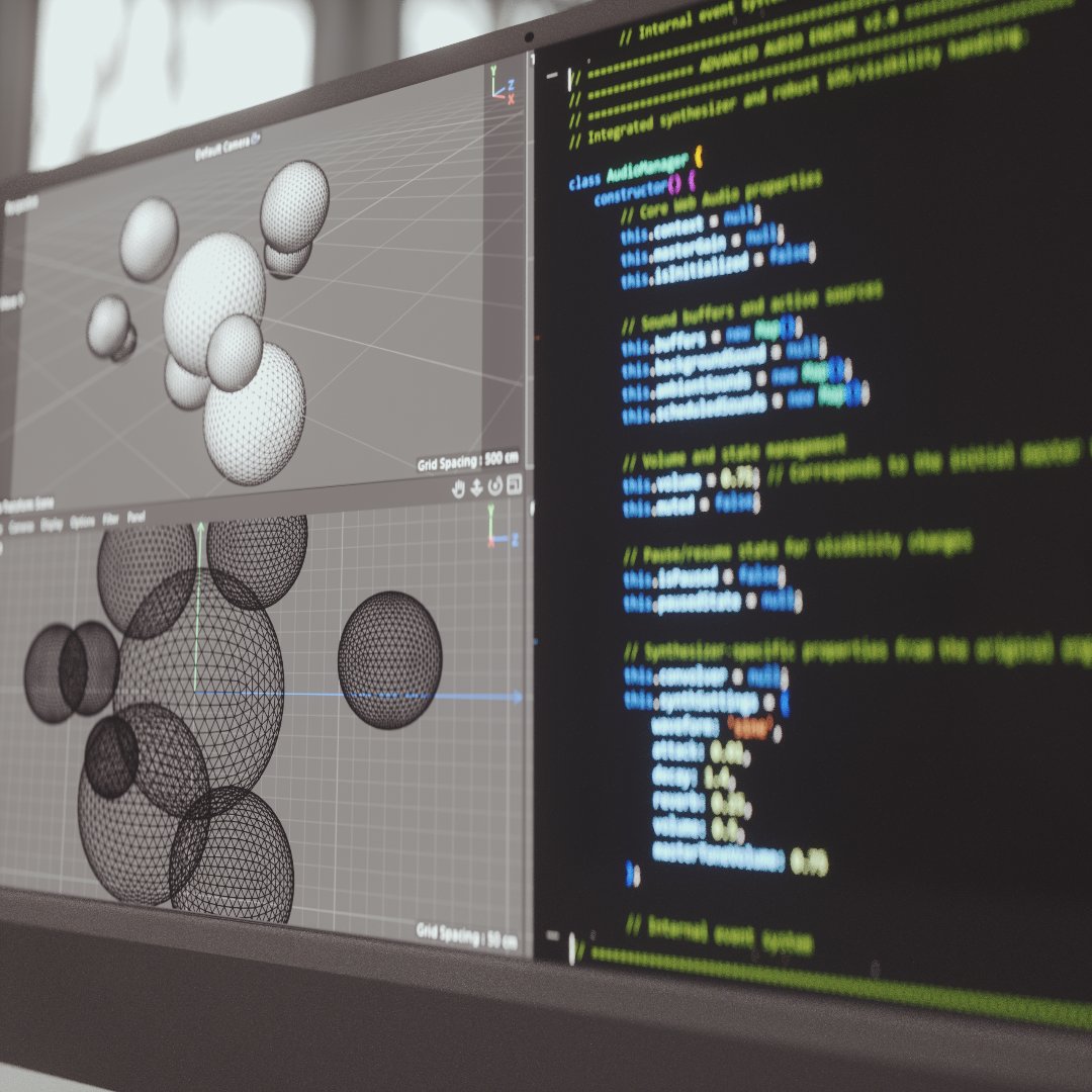 A still from the development of Sound Spa showing code and a 3D model