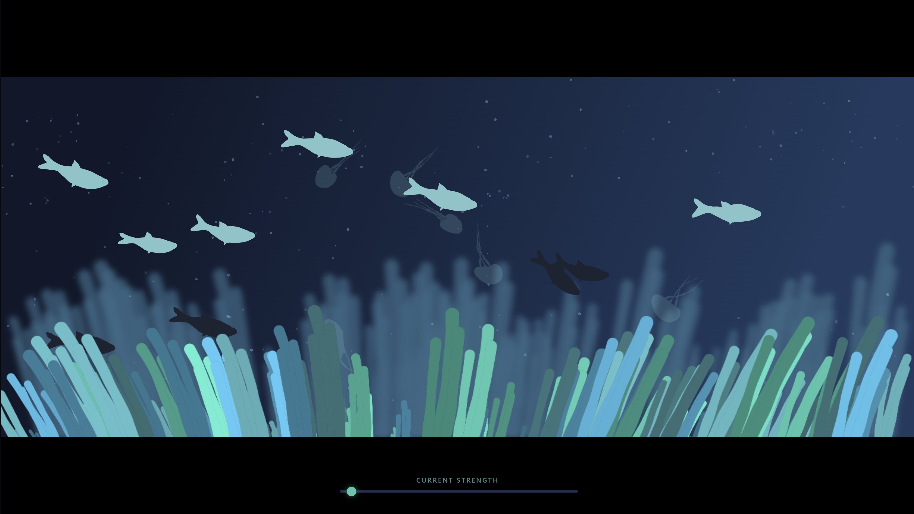 A still from an interactive underwater scene showing fish jellyfish